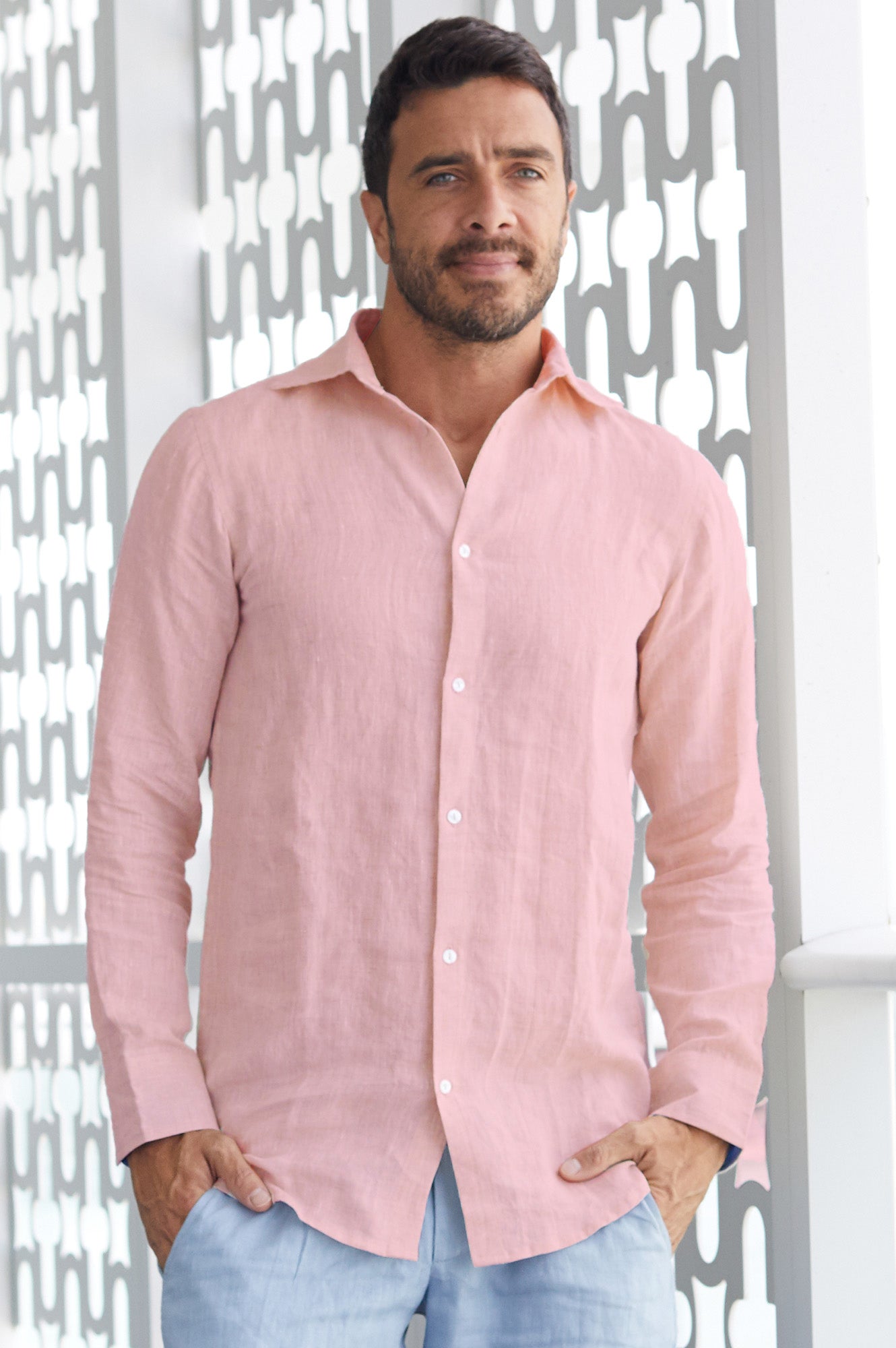 Men s Holiday Linen Shirt Light Pink Aspiga