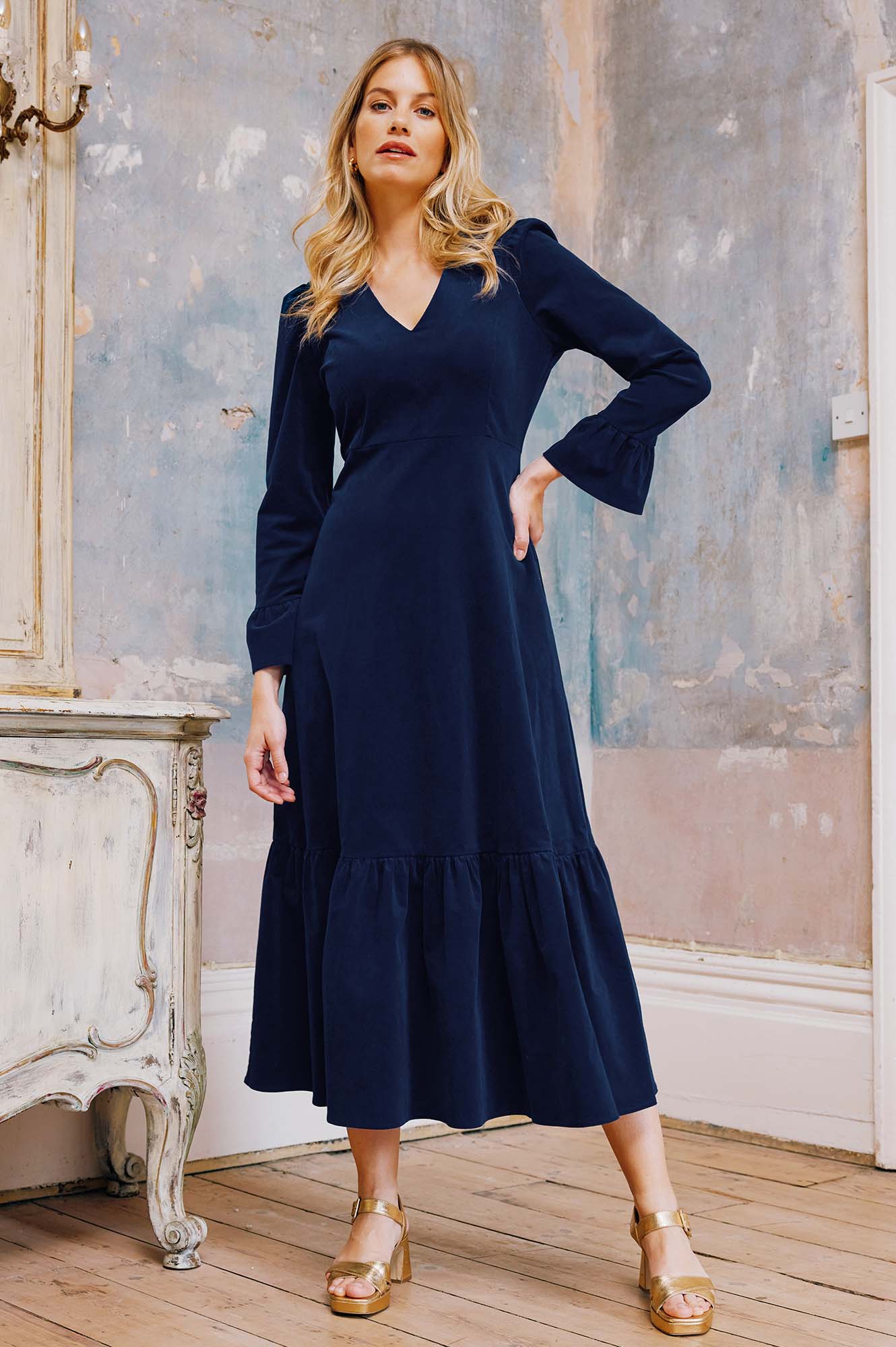 Victoria V-Neck Long Sleeve Stretch Corduroy Dress