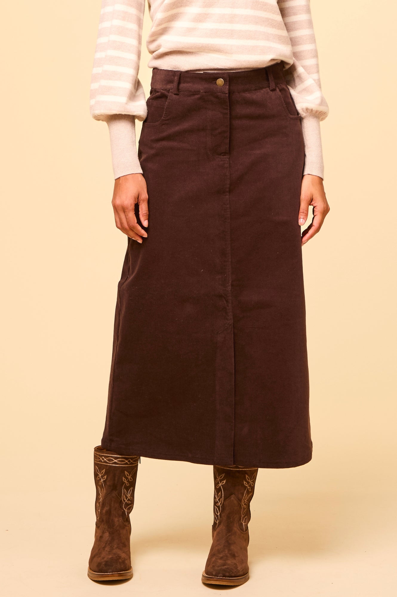 Aspiga Ladies Sustainable Mallory Corduroy Brown Skirt