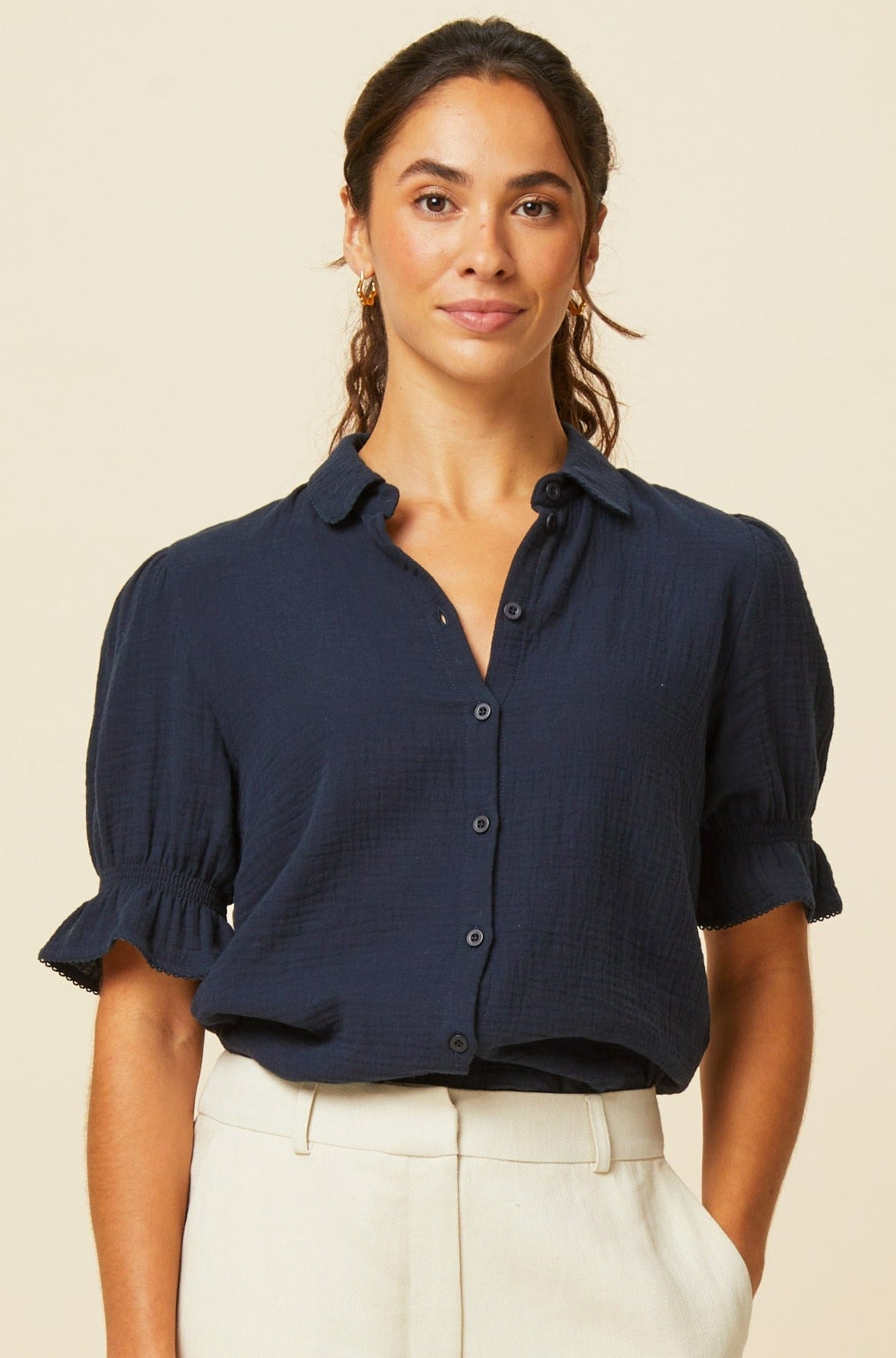 Olive Cheesecloth Blouse | Navy - Navy / XS - (UK 8/US 4/EU 36)