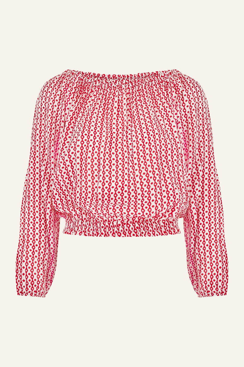 Ilana Long Sleeve Frill Top | Santorini White/Red