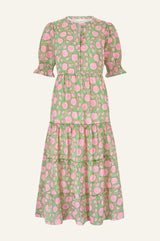 Cordelia Organic Cotton Block Print Dress | Mara Green/Pink