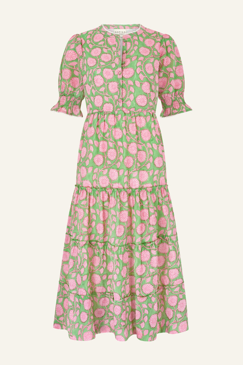 Cordelia Organic Cotton Block Print Dress | Mara Green/Pink