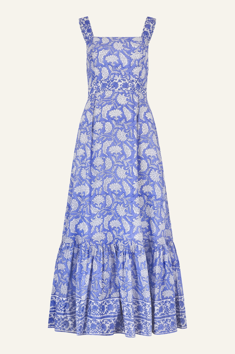 Aurelia Organic Cotton Block Print Dress | Iris Blue/White