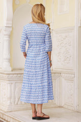 Emma Cotton Dress | Tear Drop Flower White/Blue