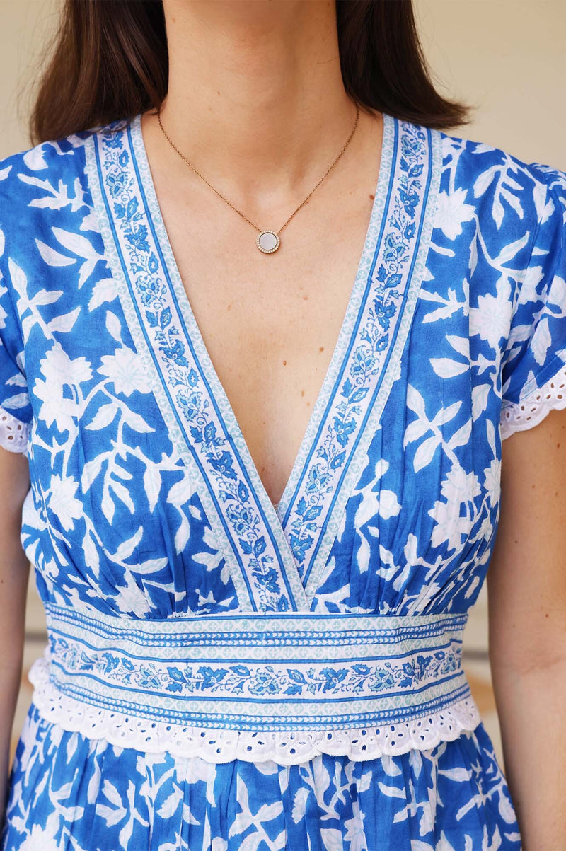 Pippa Block Print Mini Dress | Japanese Flower Cobalt