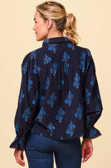 Amaya Corduroy Blouse | Flower Print Navy