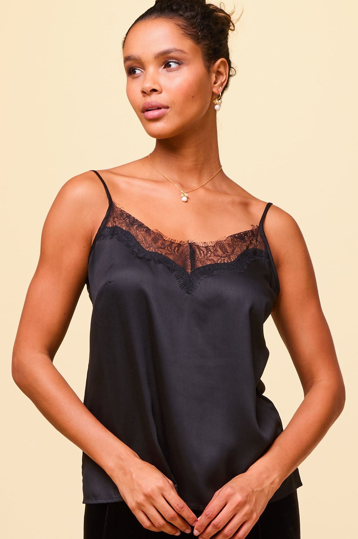 Black satin lace cami on sale