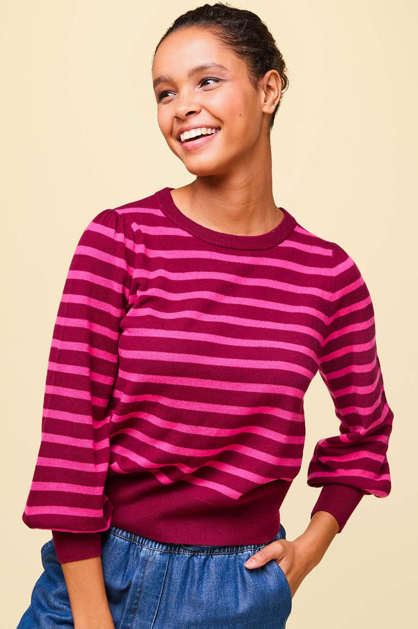 Merino Wool Stripe Crew Neck Jumper | Wine/Pink