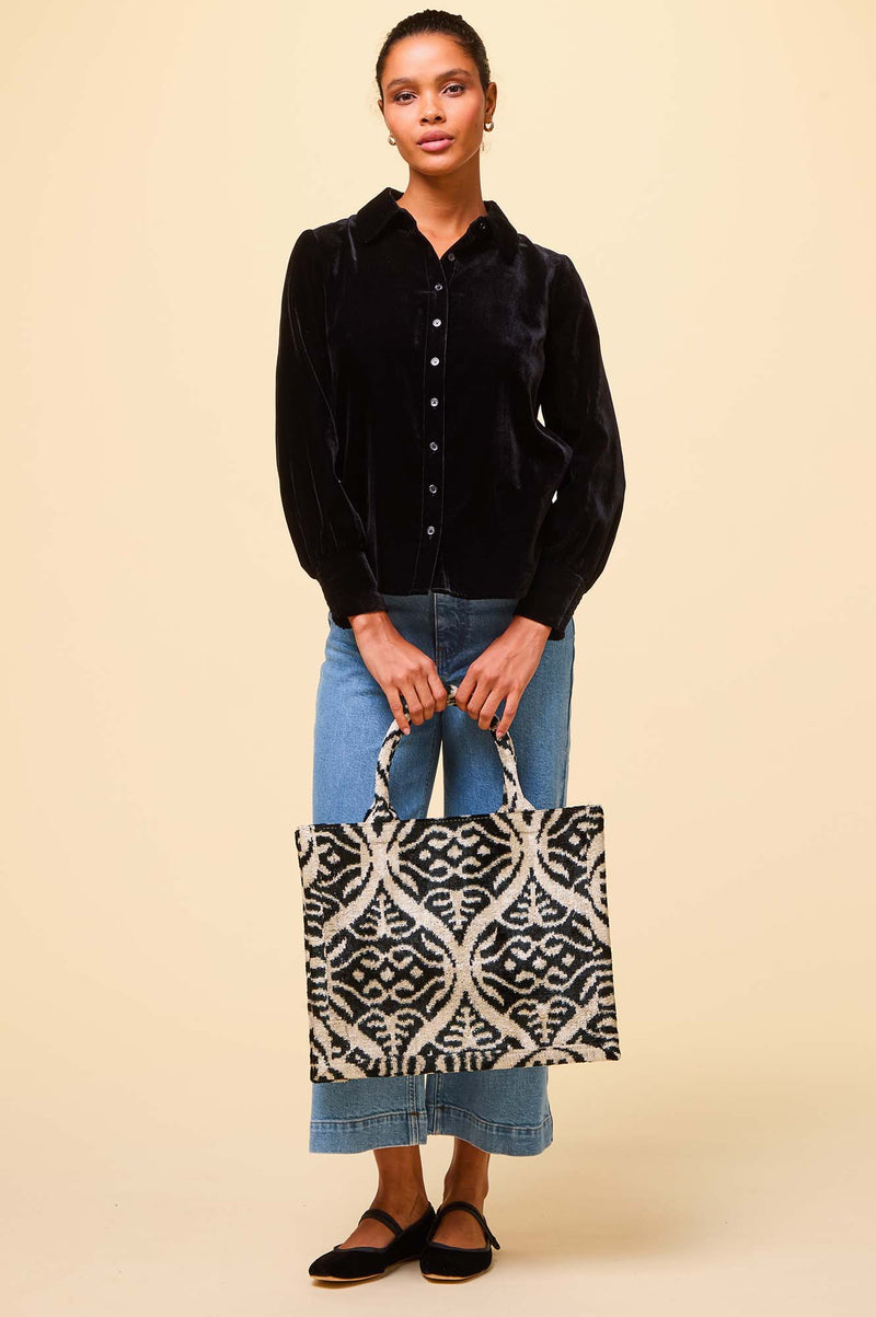 Large Silk Tote | Ikat Black/Taupe