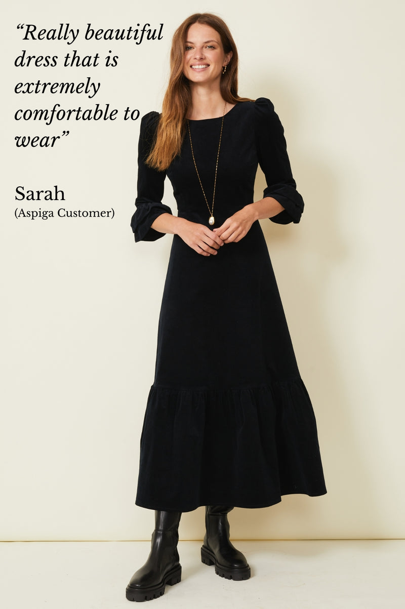 Victoria Round Neck 3/4 Sleeve Stretch Corduroy Dress | Black