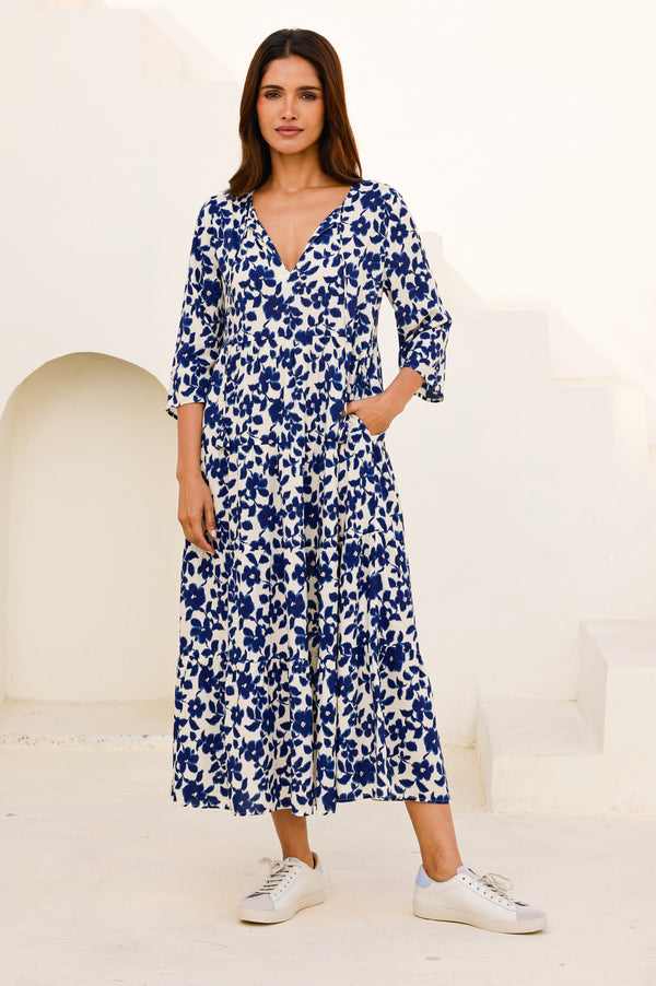 Emma EcoVero Midi Dress | Blossom Cream/Navy