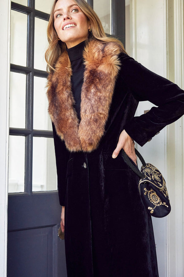 Velvet Opera Coat With Detachable Fur | Black