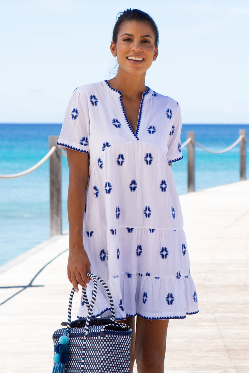 India Embroidered Organic Cotton Dress | Ikat White/Blue