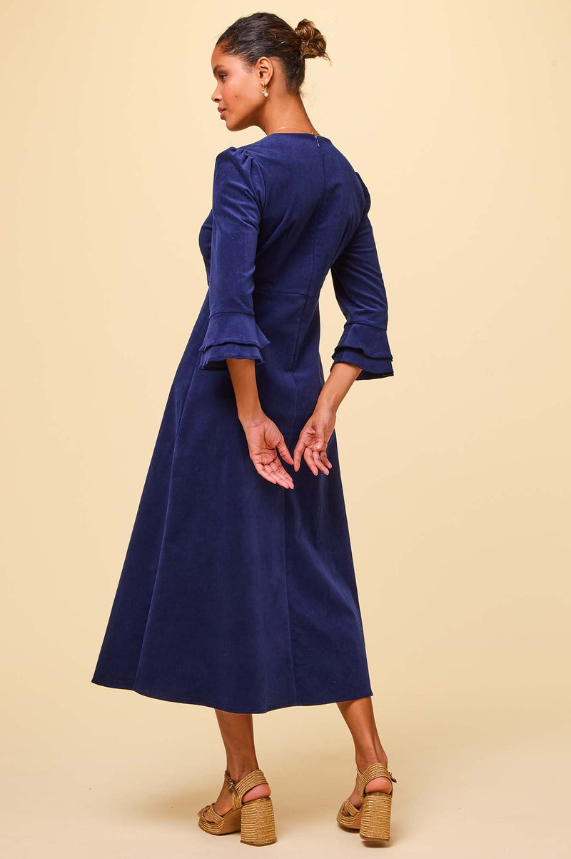 Jocelyn V-Neck 3/4 Sleeve Stretch Corduroy Dress | Atlantic Blue