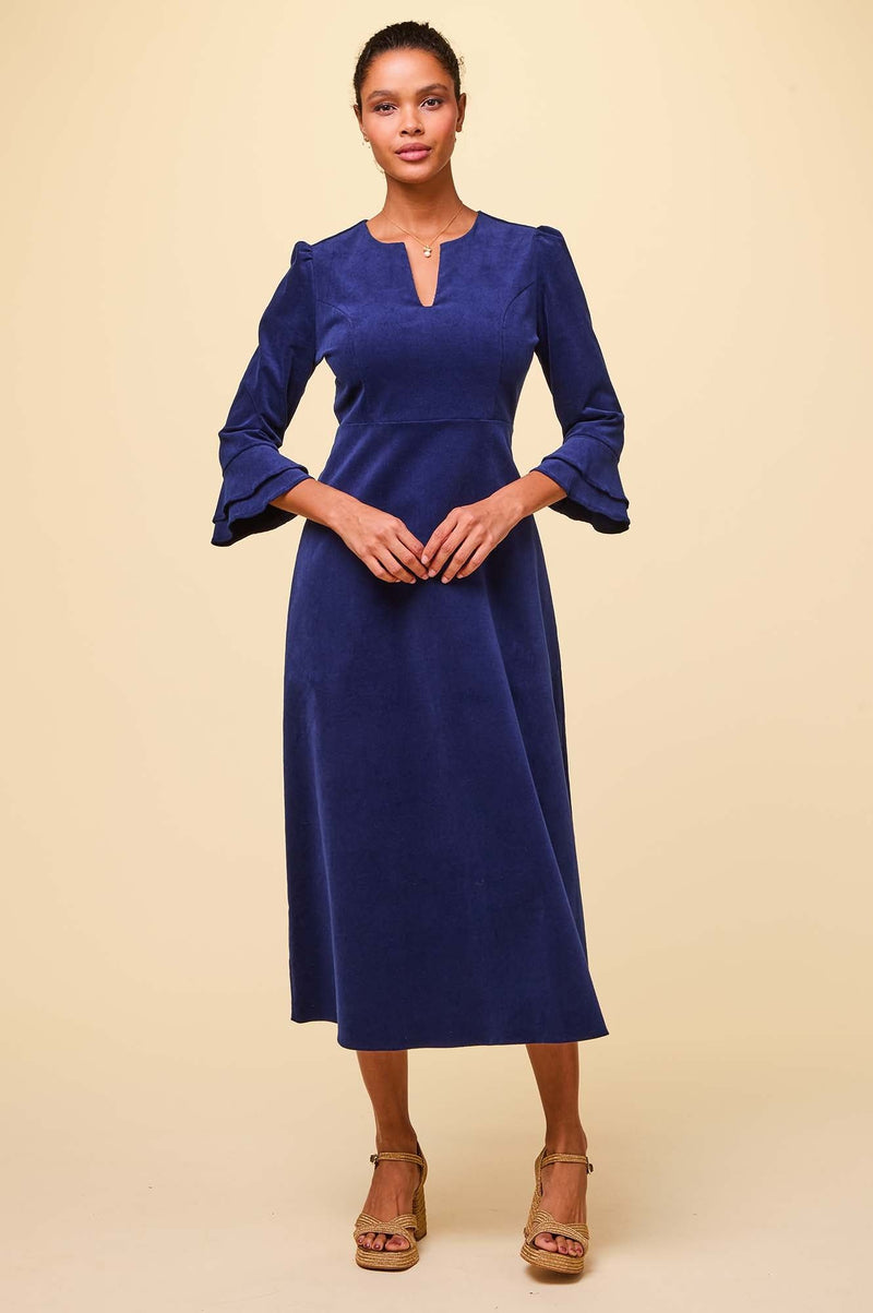 Jocelyn V-Neck 3/4 Sleeve Stretch Corduroy Dress | Atlantic Blue