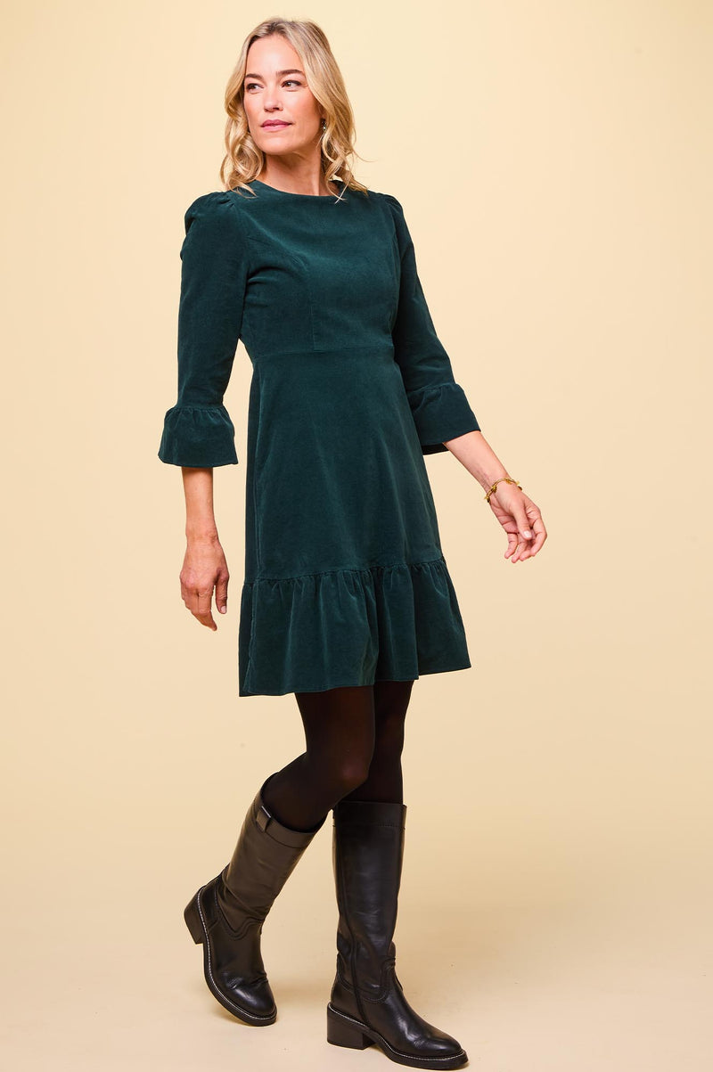 Victoria Short Stretch Corduroy Dress | Bottle Green