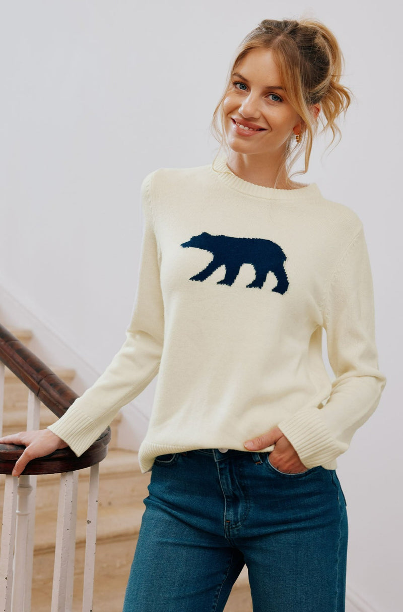 Merino Wool Polar Bear Jumper Cream Navy