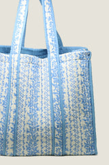 Quilted Block Print Tote Bag | Lily Line Print Blue