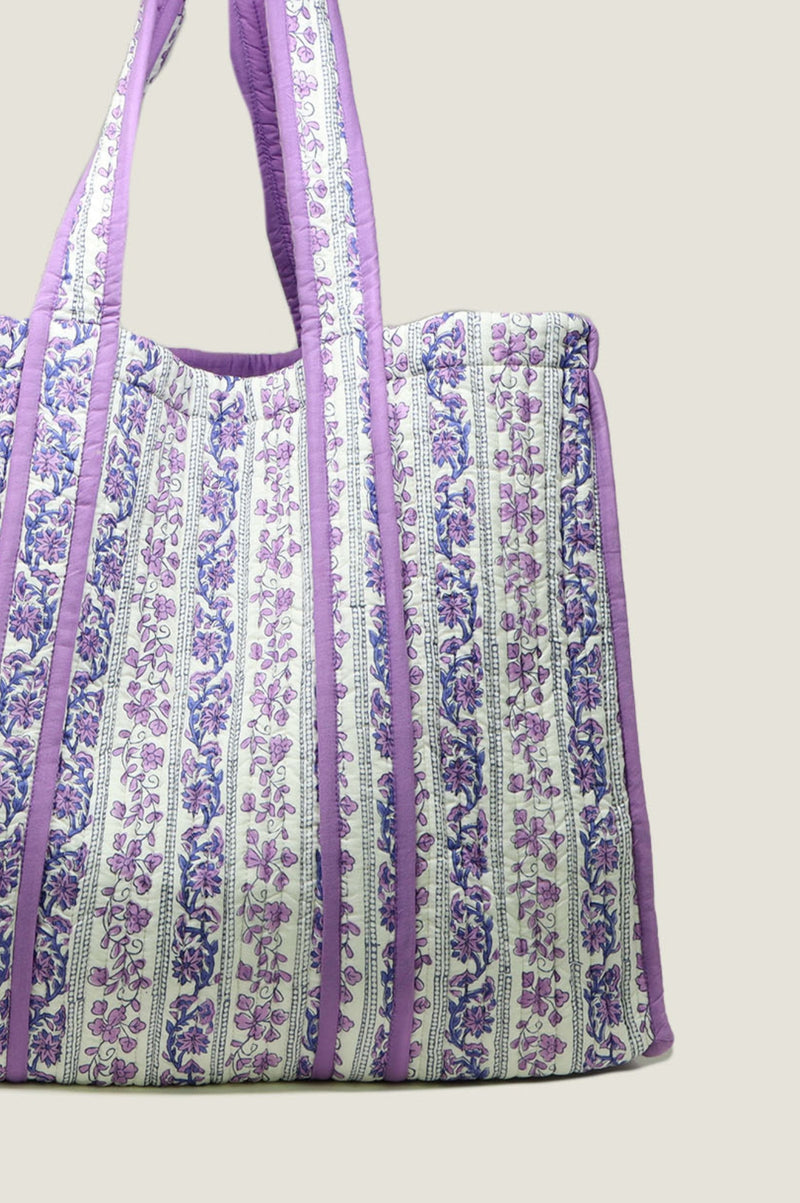 Quilted Block Print Tote Bag | Linear Botanical Blue/Purple