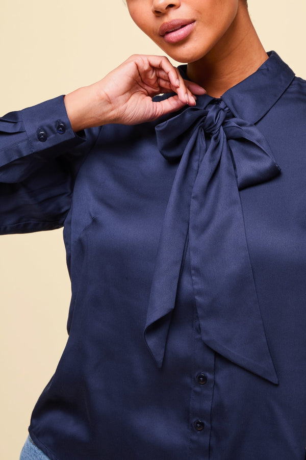 Satin Bow Blouse | Navy