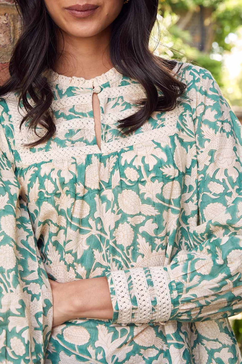 Margot Block Print Blouse | Tea Rose Green/Taupe