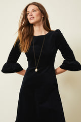 Victoria Round Neck 3/4 Sleeve Stretch Corduroy Dress | Black