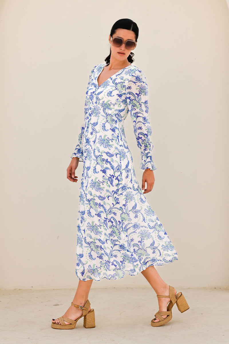 Long Sleeve Sally Anne Dress | Paisley Floral Green/Blue