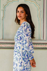 Long Sleeve Sally Anne Dress | Paisley Floral Green/Blue