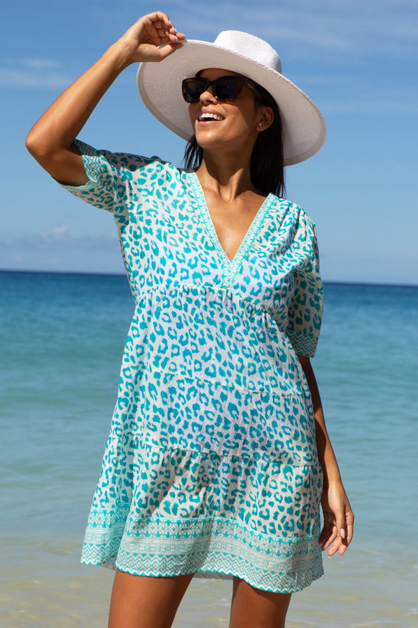 Santorini Kaftan | Soft Cheetah White/Turquoise