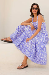 Aurelia Organic Cotton Block Print Dress | Iris Blue/White