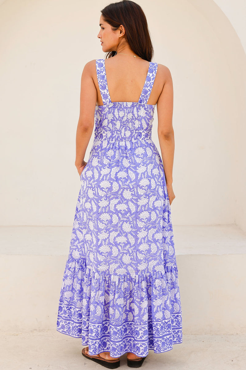 Aurelia Organic Cotton Block Print Dress | Iris Blue/White