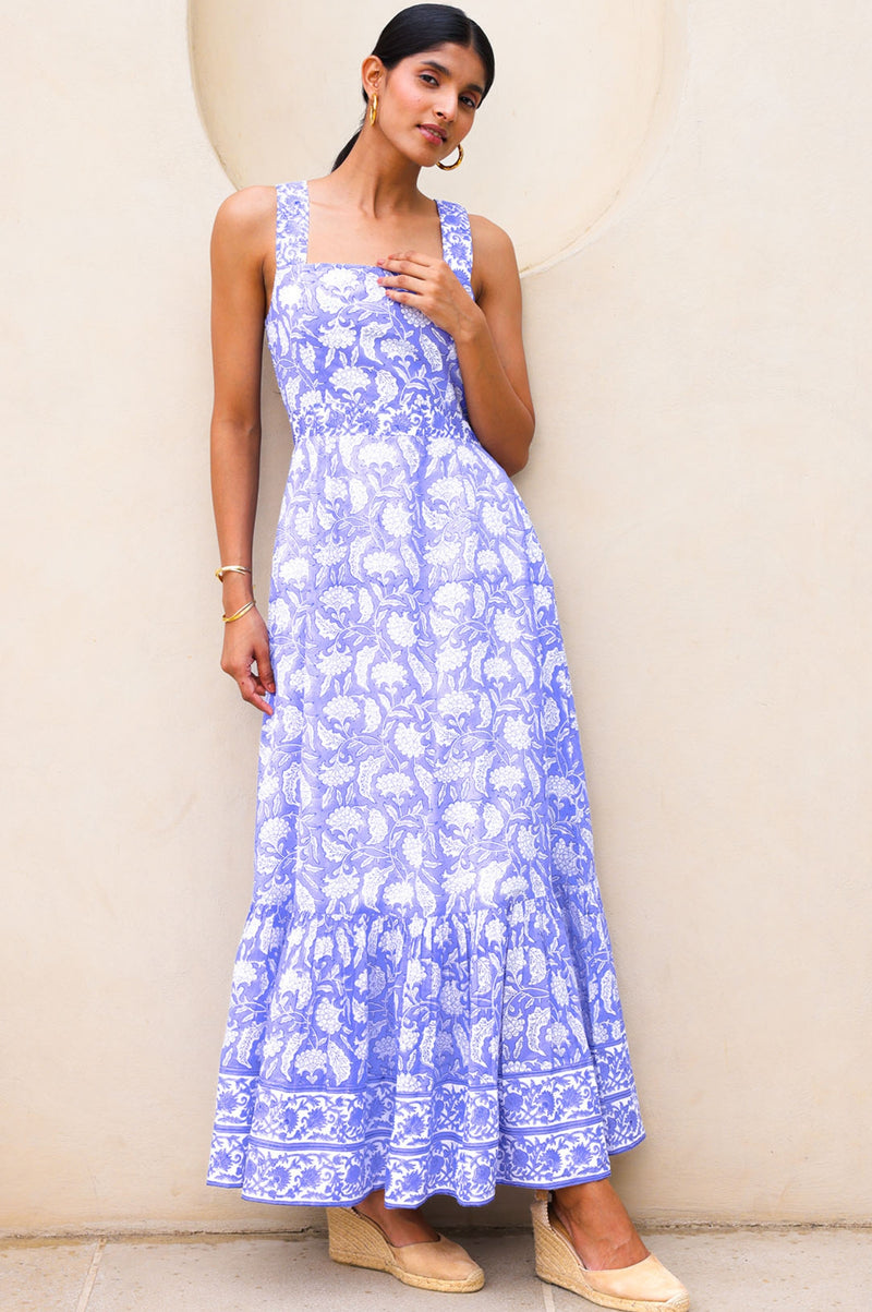 Aurelia Organic Cotton Block Print Dress | Iris Blue/White