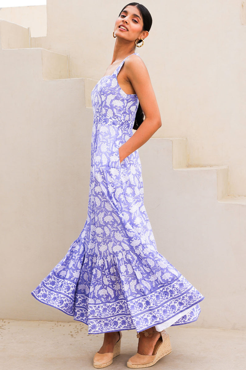 Aurelia Organic Cotton Block Print Dress | Iris Blue/White