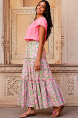 Becks Organic Cotton Block Print Skirt | Mara Green/Pink