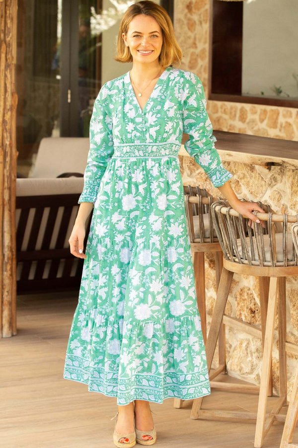 Billie Organic Cotton Block Print Dress | Lotus Green/Blue