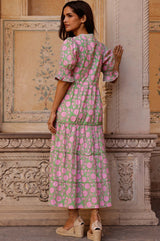 Cordelia Organic Cotton Block Print Dress | Mara Green/Pink