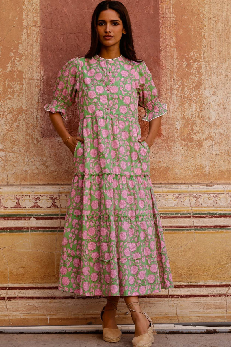 Cordelia Organic Cotton Block Print Dress | Mara Green/Pink