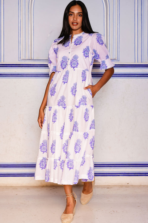 Cordelia Organic Cotton Block Print Dress | Pansy Buta White/Blue