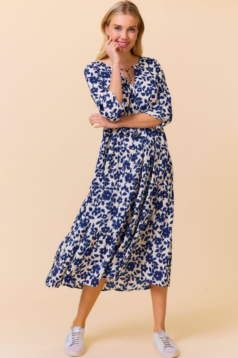 Emma EcoVero™ Midi Dress | Blossom Cream/Navy