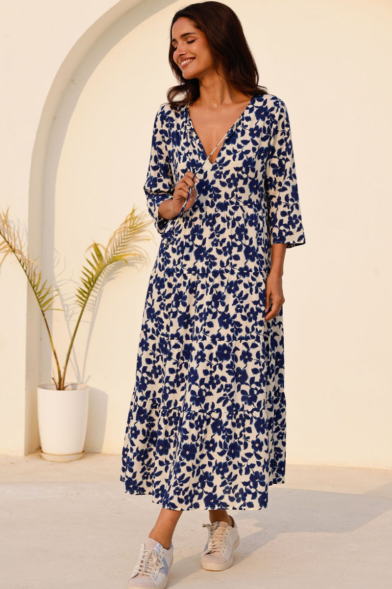 Emma EcoVero™ Midi Dress | Blossom Cream/Navy