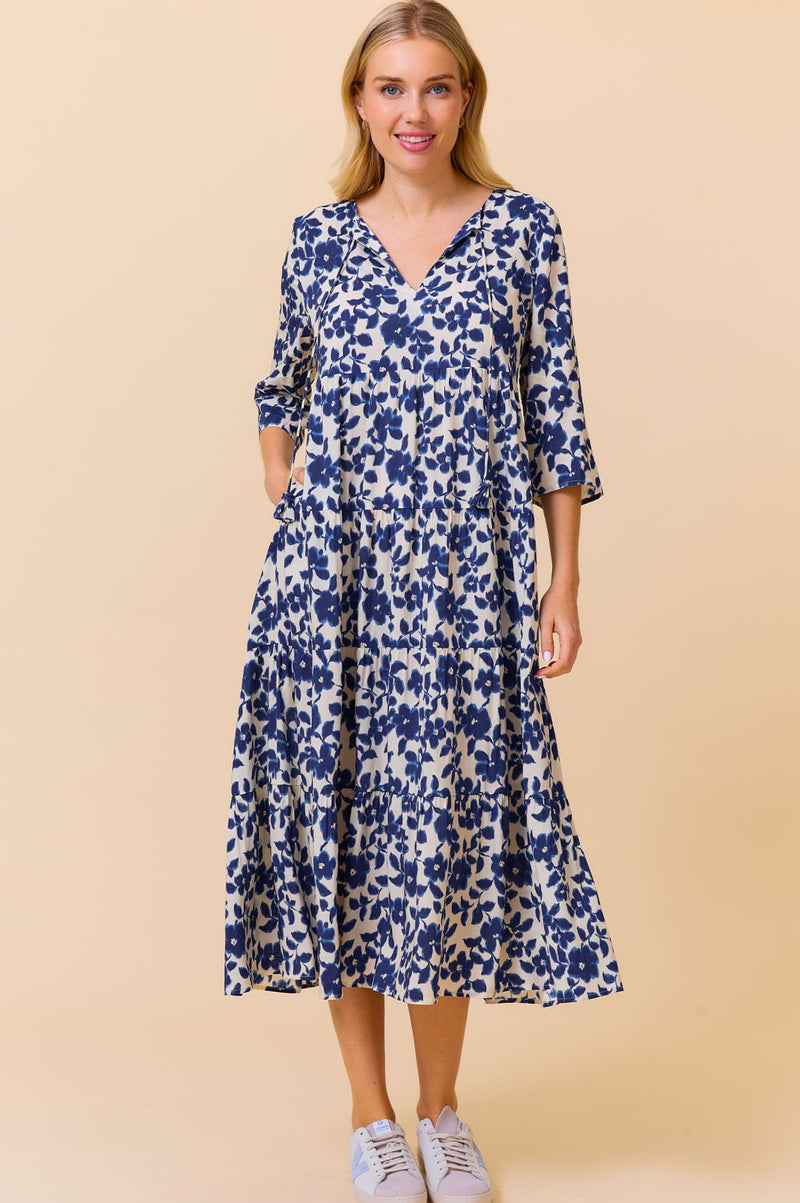 Emma EcoVero™ Midi Dress | Blossom Cream/Navy