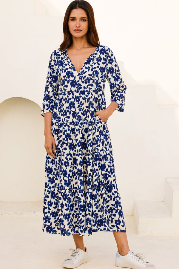 Emma EcoVero Midi Dress | Blossom Cream/Navy