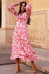 Hannah Satin Dress | Paisley Floral Cream/Red/Pink