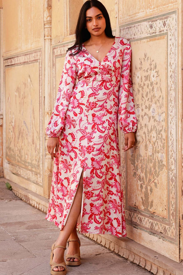 Hannah Satin Dress | Paisley Floral Cream/Red/Pink