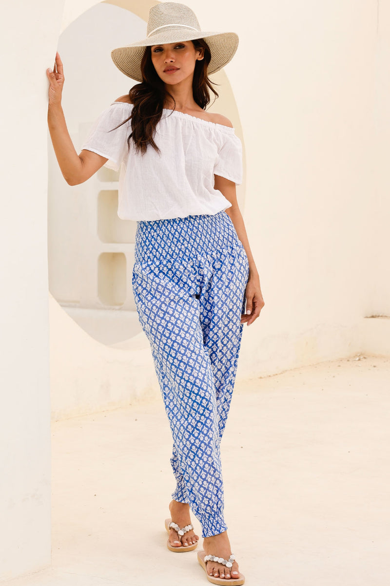 Harem Organic Cotton Trousers | Flower Stamp Cornflower/White