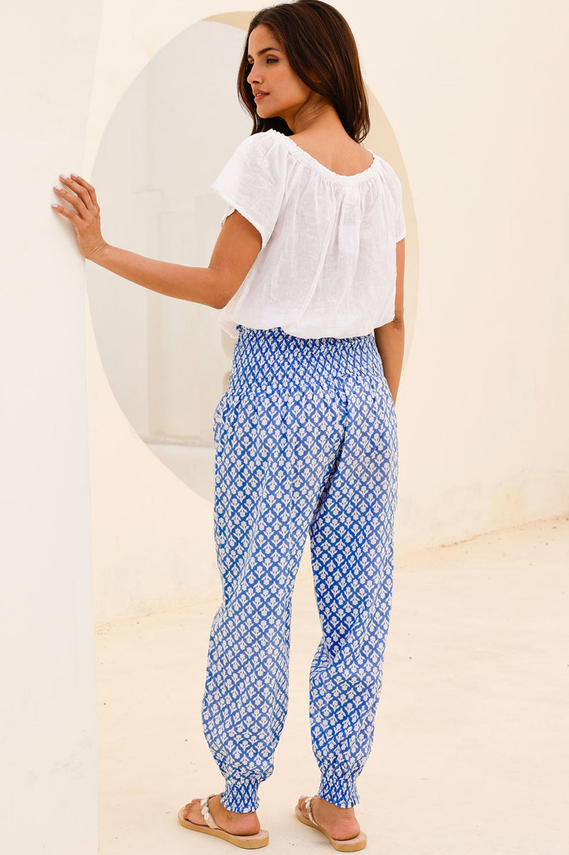 Harem Organic Cotton Trousers | Flower Stamp Cornflower/White