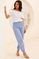 Harem Organic Cotton Trousers | Flower Stamp Cornflower/White