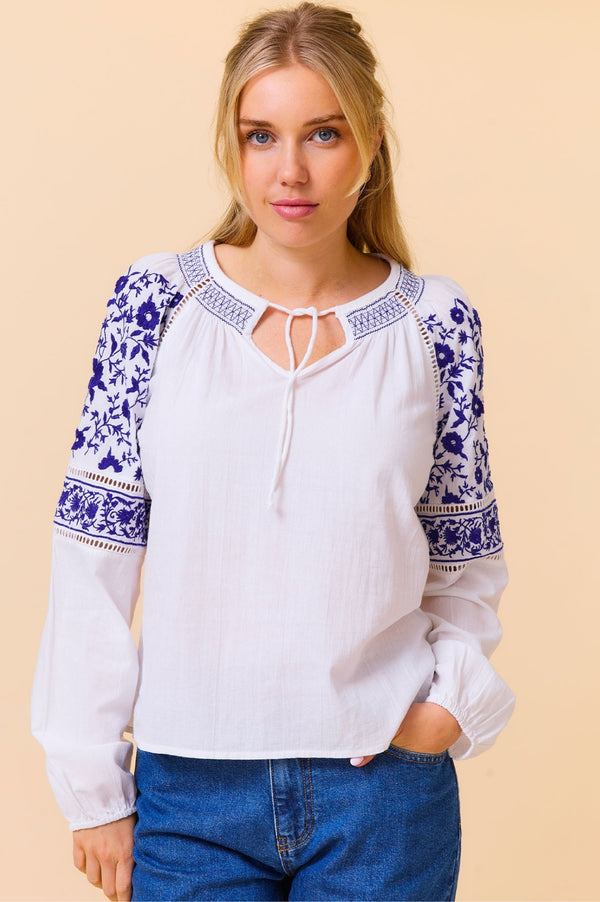 Ida Embroidered Top | White/Cobalt