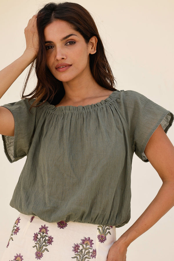 Ilana Frill Organic Cotton Gauze Top | Light Khaki